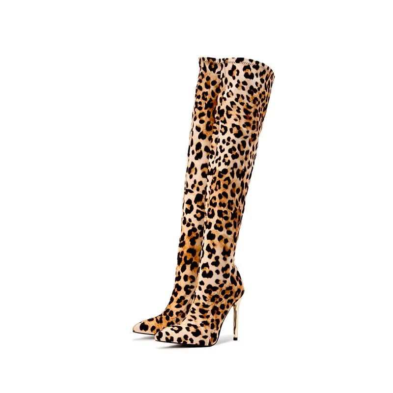 Amozae-  Women Over The Knee High Boots Lady 11cm High Heels   Leopard Long Thigh Booties Winter Fetish Stripper Nightclub Shoes