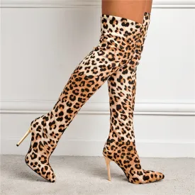 Amozae-  Women Over The Knee High Boots Lady 11cm High Heels   Leopard Long Thigh Booties Winter Fetish Stripper Nightclub Shoes