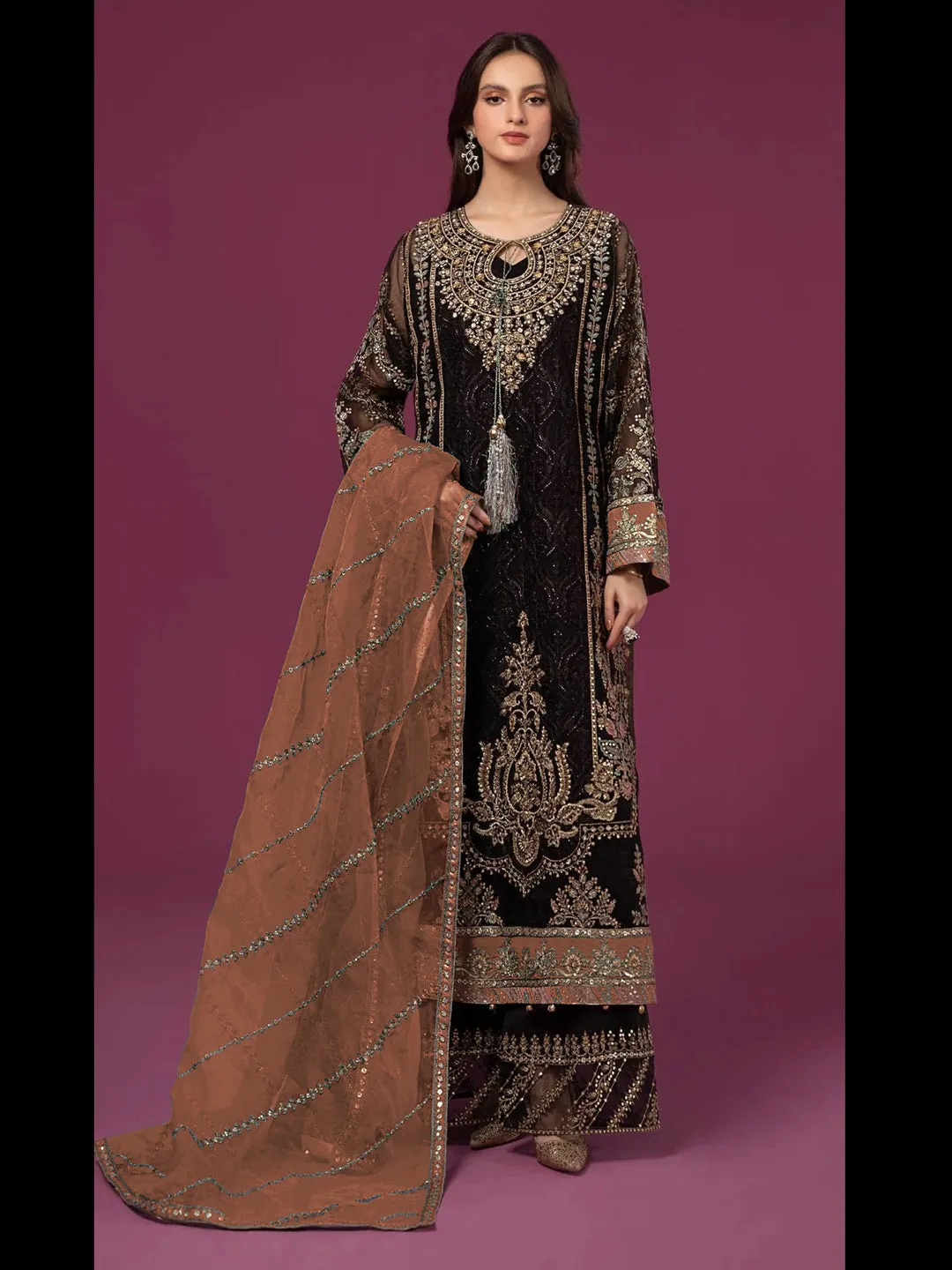 Black Classy Designer Semi-Stitched Palazzo Suit With Embroidery Work