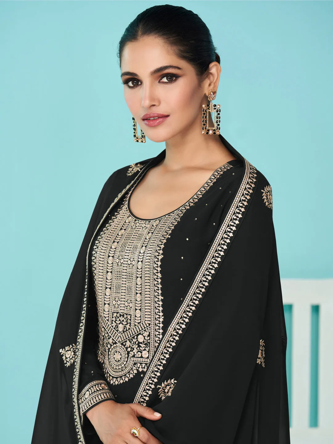 Black Designer Pakistani Semi-Stitched Palazzo Suit With Embroidery Work