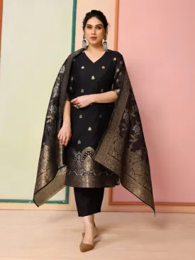 Black Designer Readymade Chanderi Pant Suit With Wevon Jacquard Designer