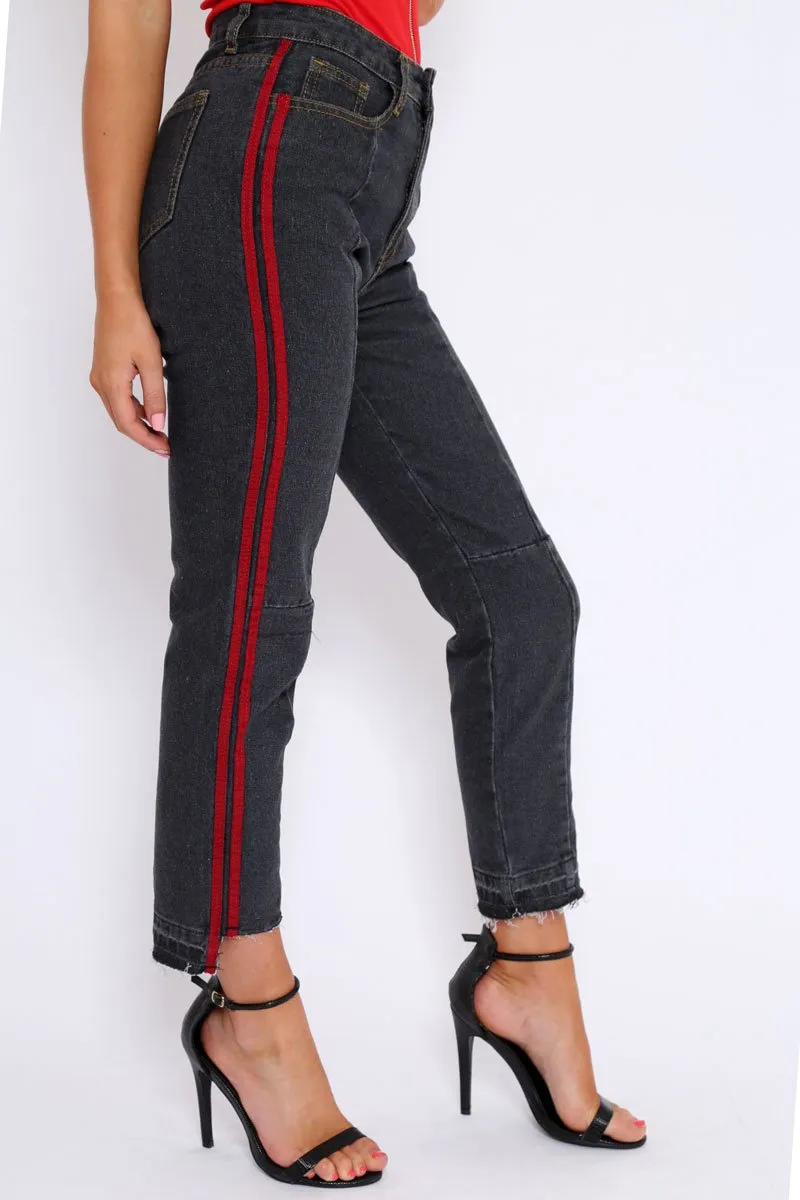 Black Mid Wash Seam Red Side Stripe Mom Jeans - Meili