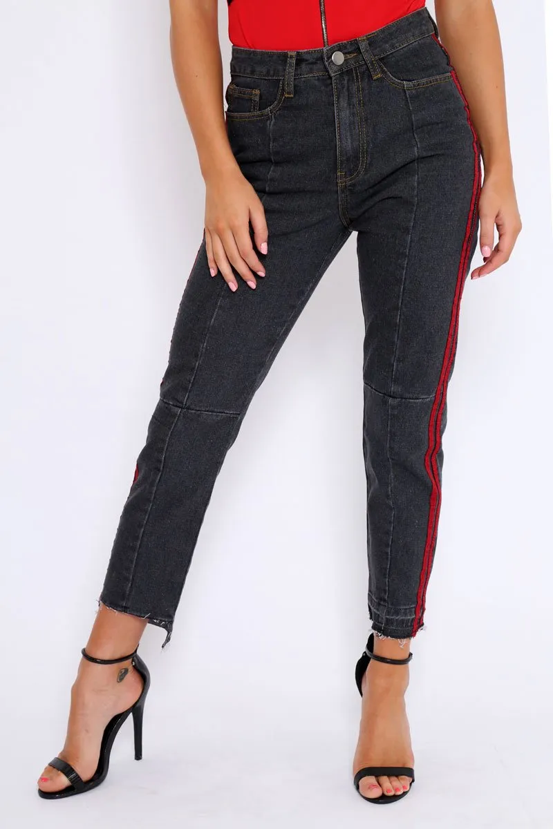 Black Mid Wash Seam Red Side Stripe Mom Jeans - Meili