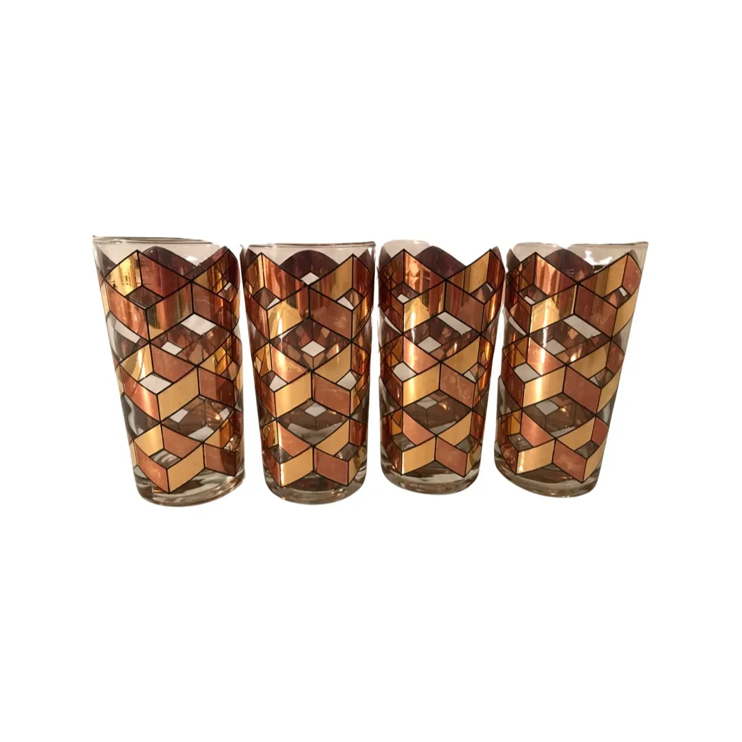 Culver Mid-Century Gold Herringbone Highball Glasses (Set of 4)