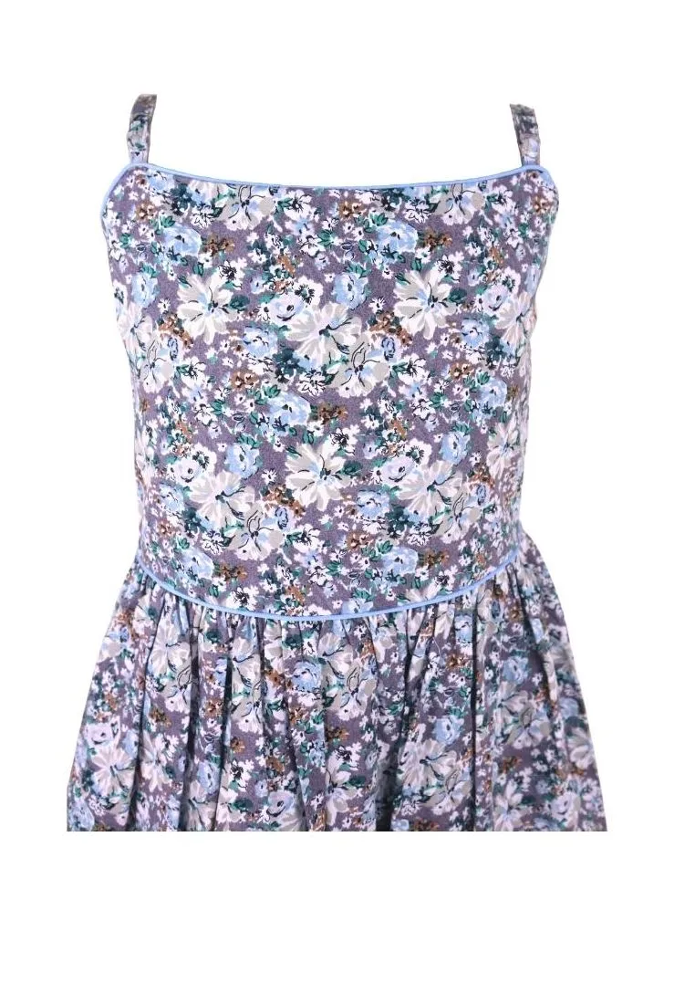 Dress Adjustable Strap Sipit Piping Shirring And Lining Floral Printed - White/Blue