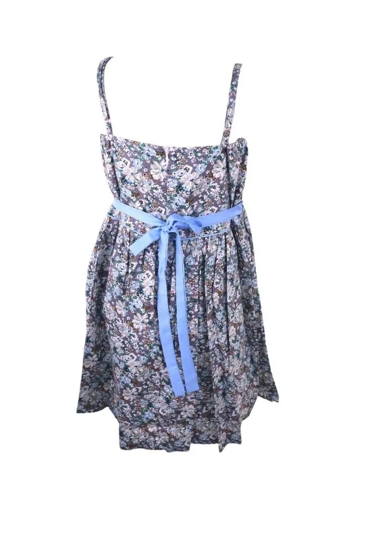 Dress Adjustable Strap Sipit Piping Shirring And Lining Floral Printed - White/Blue