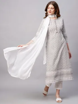 Ethnic Chikankari Embroidered Kurta with Pants and Dupatta - Charcoal Gray