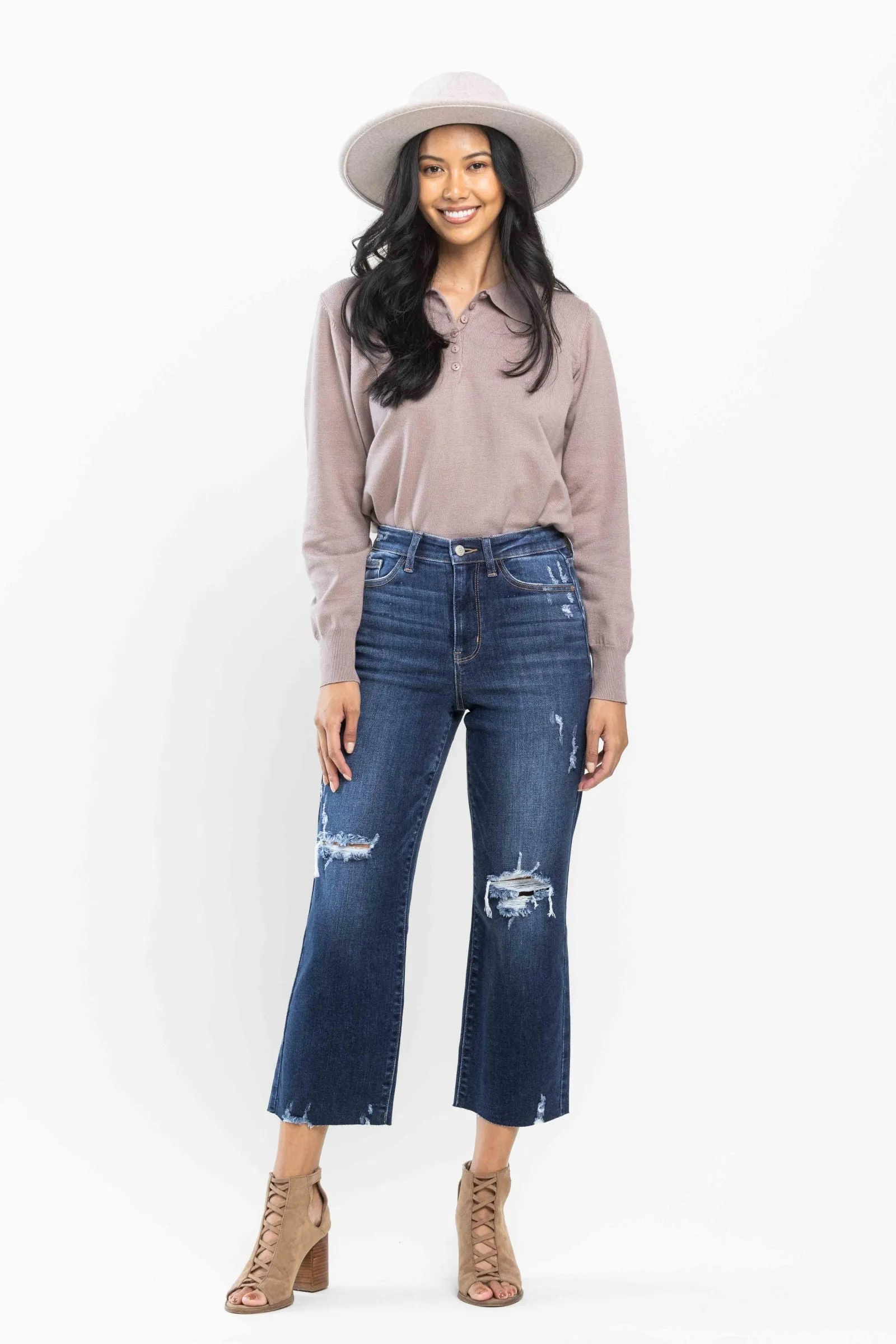 Judy Blue High Waist Knee Destroy Wide Leg Crop Denim 82593