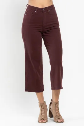 Judy Blue High Waist Tummy Control Garment Dyed Wide Leg Crop Oxblood Denim 88752