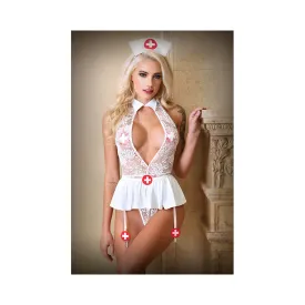 Medical Hat, Lace Keyhold Teddy With Detachable Garter, Skirt And Panties S/m White