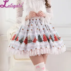 Original Design Sweet Light Blue Christmas Tree and Star Printed Girl's Lolita Pleated Skirt with Lace Trimming