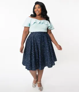 Plus Size 1950s Navy Star Constellation Print Swing Skirt