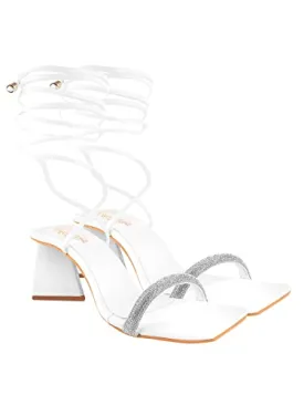 Shoetopia Embellished Studded Strap White Heeled Sandals