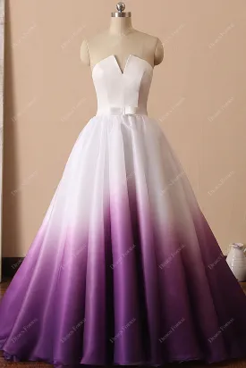 White to Purple Ombre Organza V-cut Satin Ball Gown