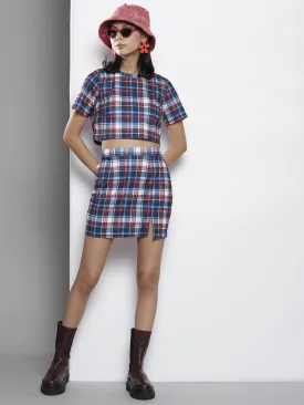 Women Blue Check Knit Crop Top With Mini Skirt