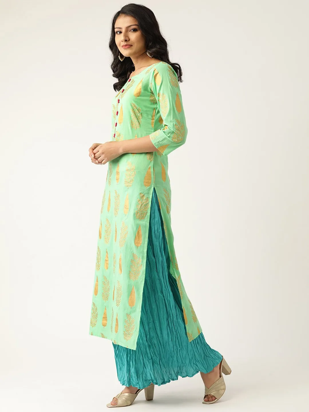 Women Green & Turquoise Blue Printed Kurta With Skirt & Dupatta