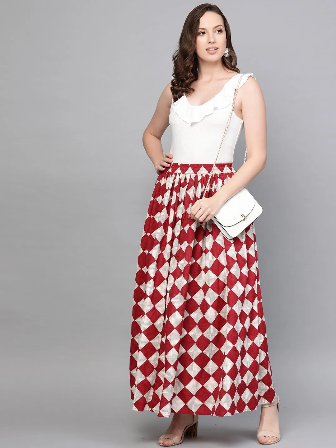 Women Maroon & White Checkerd Printed Flared Skirt