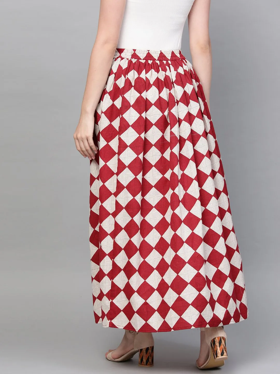 Women Maroon & White Checkerd Printed Flared Skirt