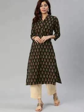 Women'S Black Buti Print Cotton Kurta